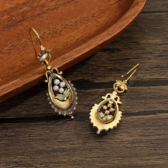 NEW Victorian Delicate Seed Pearl Embellished Golden Drop Earrings - Picture 2 of 3